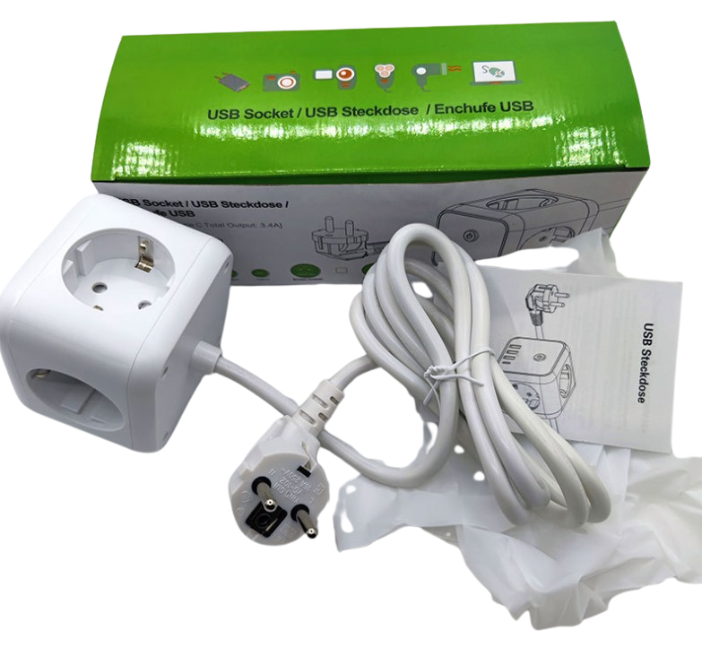 Kocka podalšek 1,5m 4 x vtičnice 3x USB bela barva