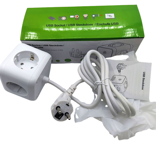 Kocka podalšek 1,5m 4 x vtičnice 3x USB bela barva